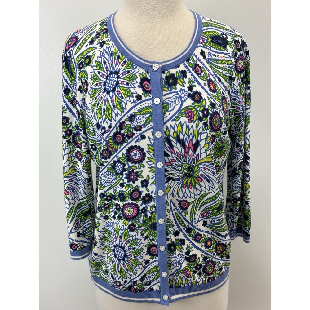Talbots Floral Cardigan Sweater Sz Large Button Up Colorful Whimsical Preppy